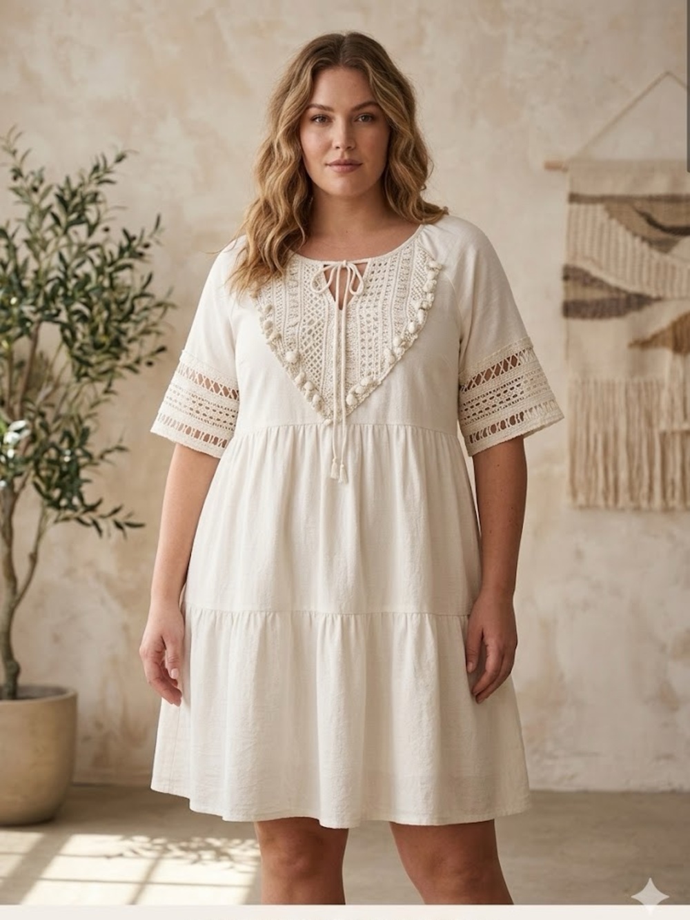 Women’s XL-White Boho Tiered Dress with Crochet Yoke - Picture 2 of 4